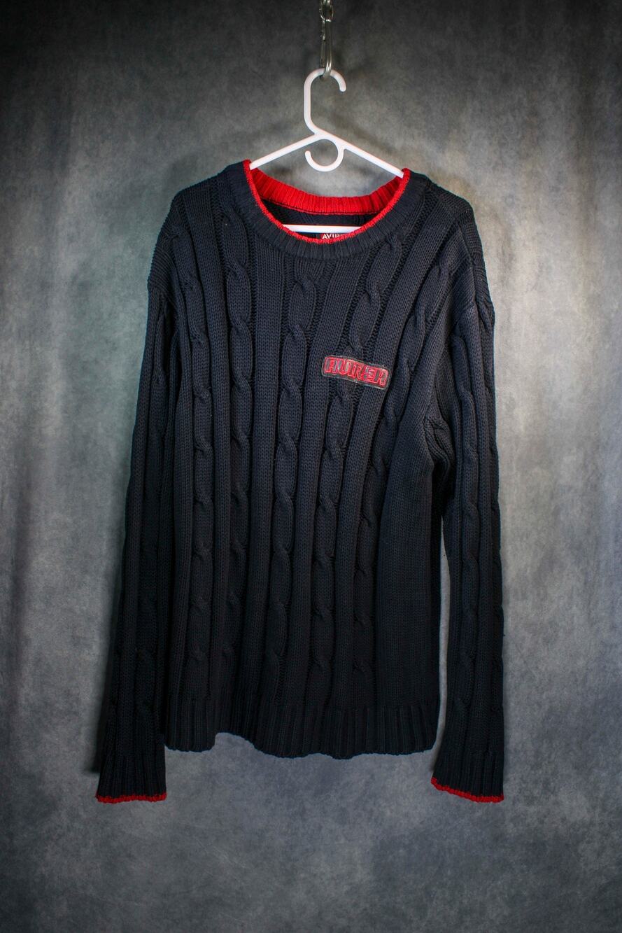 Vintage 90s Avirex Knit Cable Sweater XL Black Red Trim Hip Hop Streetwear Korea